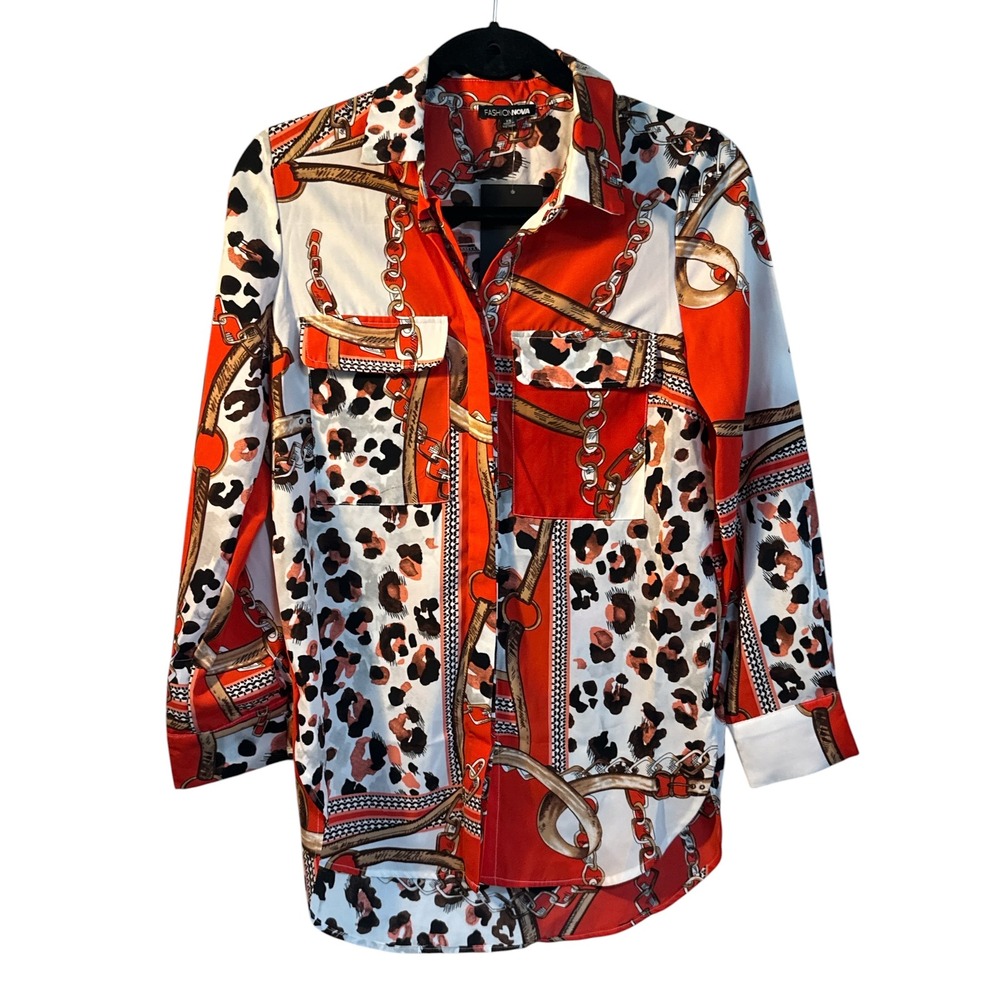 NWT, Fashion Nova Losing It Collared Top Red Leopard Chain Print Button Down
